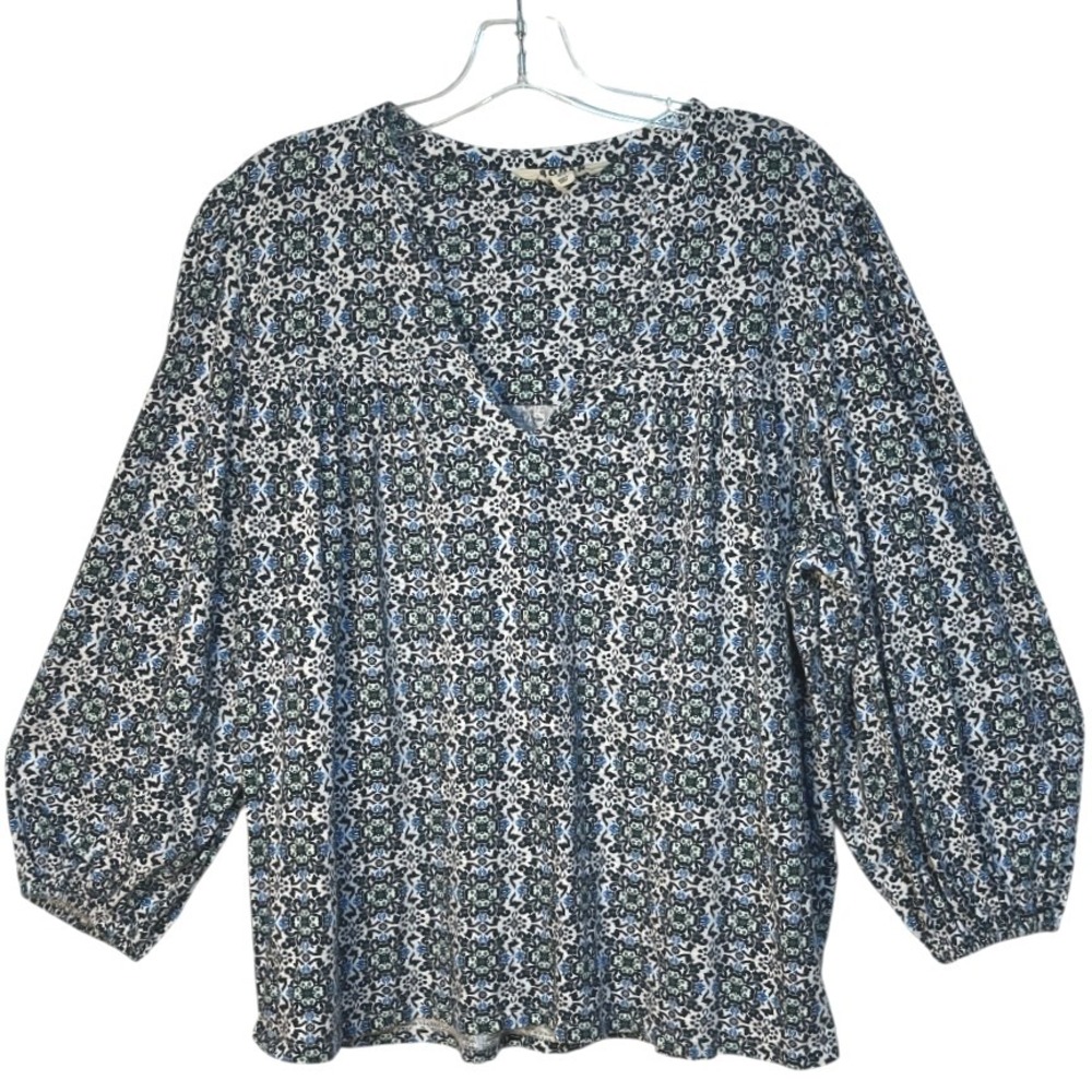 Boden Floral Print Blouse Bohemian Top Long Sleeve V Neck Casual Blue SZ 14